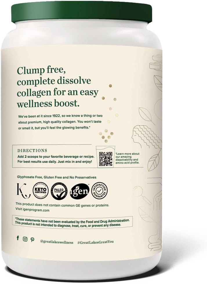 Great Lakes Wellness Collagen Peptides Powder – Supports Skin, Hair, Nails, Joints & Digestion – Hydrolyzed, Non-GMO, Keto & Kosher – Pure Collagen Protein (16 oz, 22 Servings) Packaging may vary