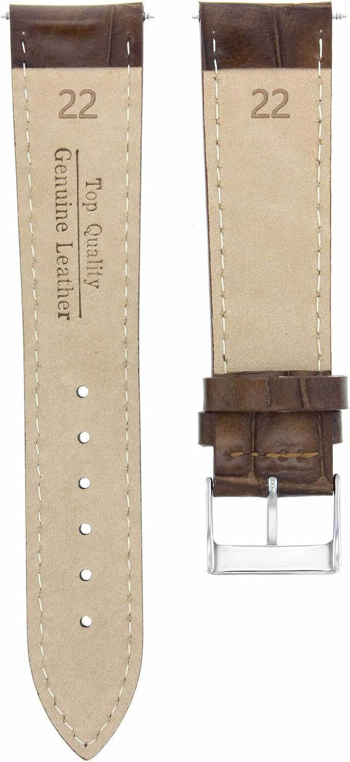 Ewatchparts 22mm Dark Brown Leather Replacement Watch Strap White Stitching Silver Buckle Compatible With Invicta Diver