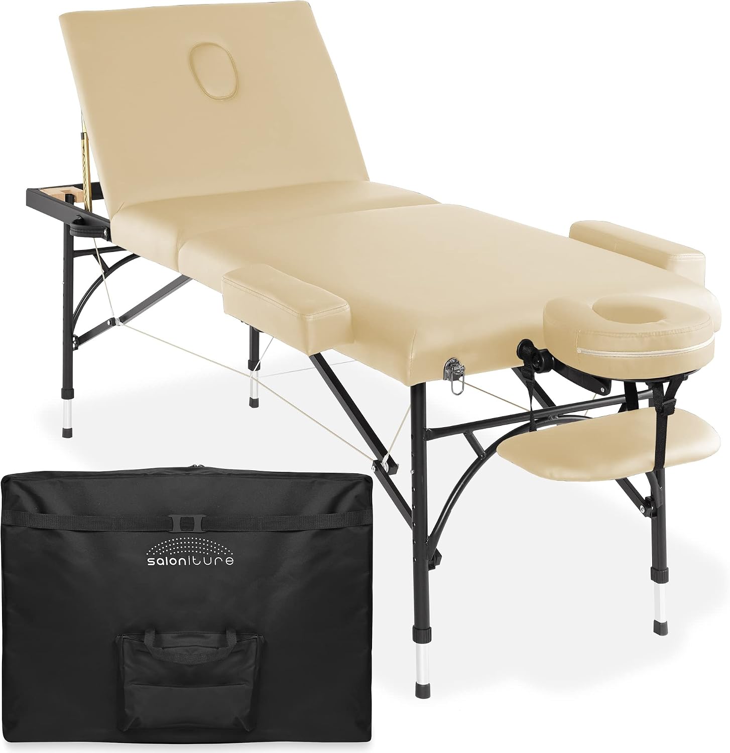 Saloniture Professional Portable Lightweight Tri-Fold Massage Table with Aluminum Legs - Includes Headrest, Face Cradle