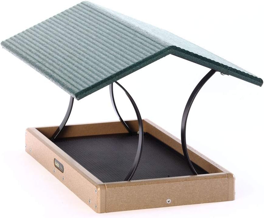 Birds Choice SNFT-300 Fly-Thru Feeder, Recycled Pole Mounted Bird Feeder, Large, Taupe/Green | Recycled Plastic Platform with Roof, Welcomes Cardinals, Jays and Other Wild Birds, 19in x 15.75in x 13in