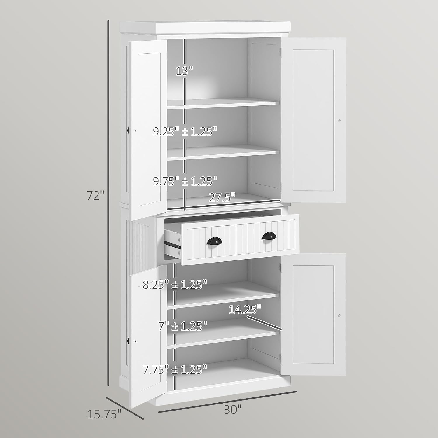 HOMCOM 72" Kitchen Pantry Cabinet Freestanding Tall Storage Cabinet White | Traditional Kitchen Pantry, 4 Doors, Drawer, 3 Adjustable Shelves, for Dining Room