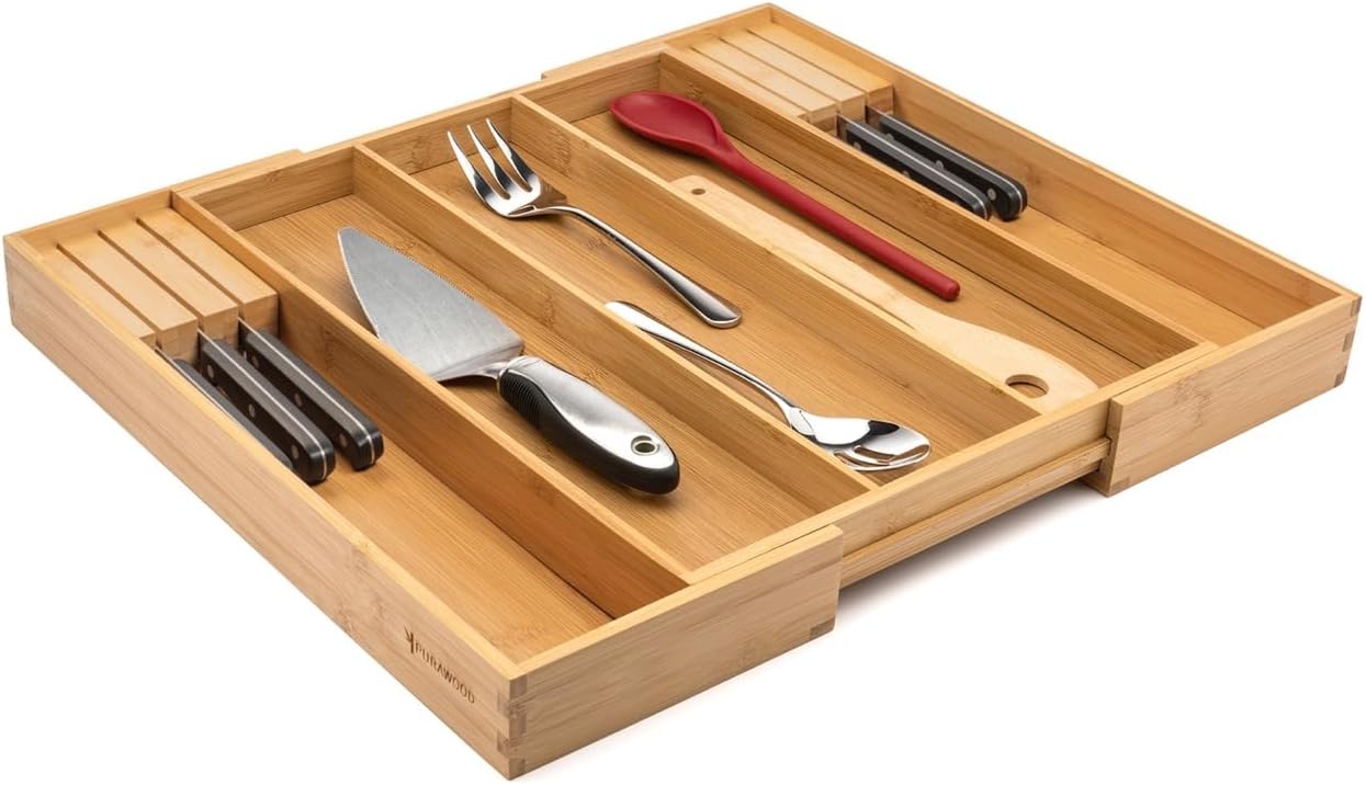 Purawood Kitchen Drawer Organizer - Expandable Utensil Drawer Organizer for Kitchen, Cutlery Tray & Silverware Organizer