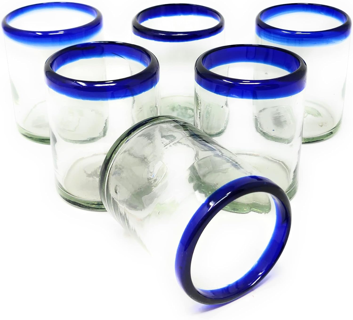 Hand Blown Mexican Drinking Glasses - Set of 6 Tumbler Glasses with Cobalt Blue Rims (10 oz each)