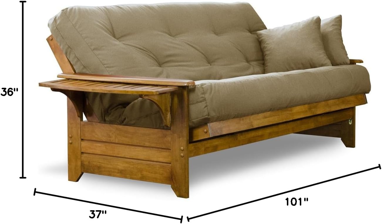 Brentwood Tray Arm Futon Frame, Drawers, and Khaki Mattress Set - Queen, Rich Heritage Finish