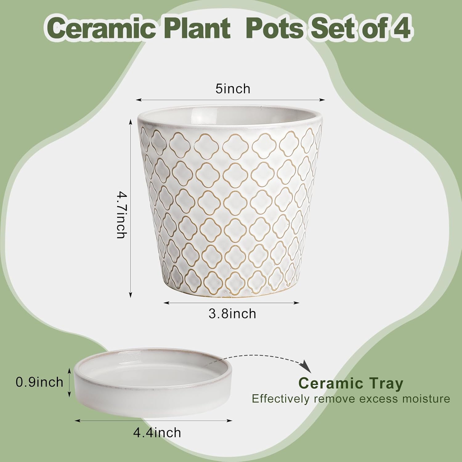 EFISPSS Ceramic Plant Pots, 5 Inch Planters with Drainage Holes and Ceramic Tray, Relief Design Flower Planter