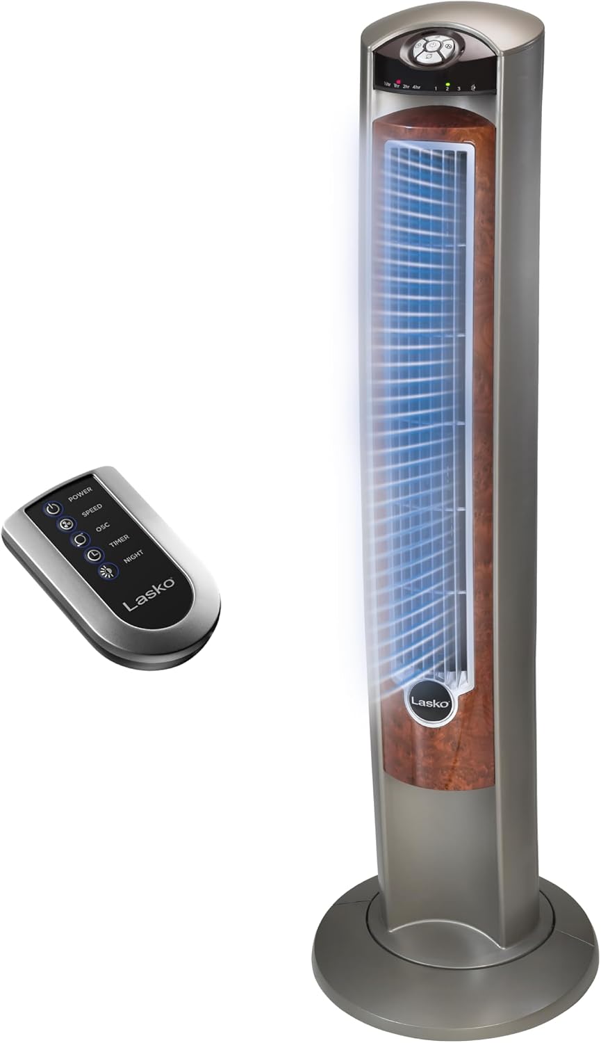 Lasko Oscillating Tower Fan with Remote - 42" - T42951 - Silver | Quiet Standing Fan for Bedroom, Office, and Home, 3 Speeds, Timer, Powerful Cooling Air, Nighttime setting, Space-Saving