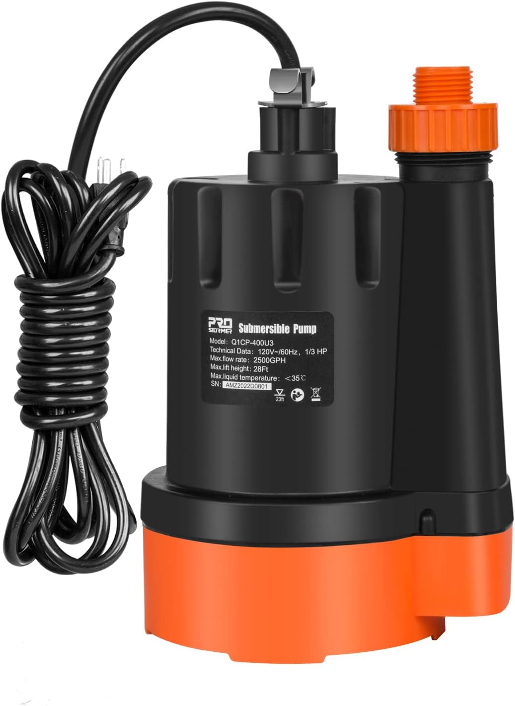 1/3 HP Submersible Water Pump, 2500GPH Utility Pump | Portable Electric Clean Water Drainage Pump for Pool Draining, Flooding