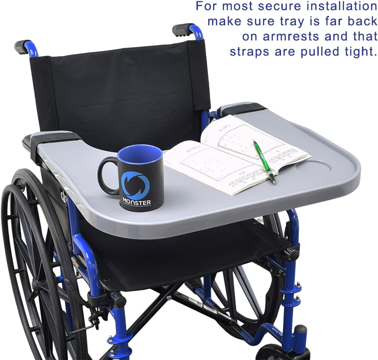 AlveyTech Wheelchair Tray Table with Cup Holder - Fits 18-20 Inch Wide Standard Wheelchairs Like Drive, Golden, & Invacare