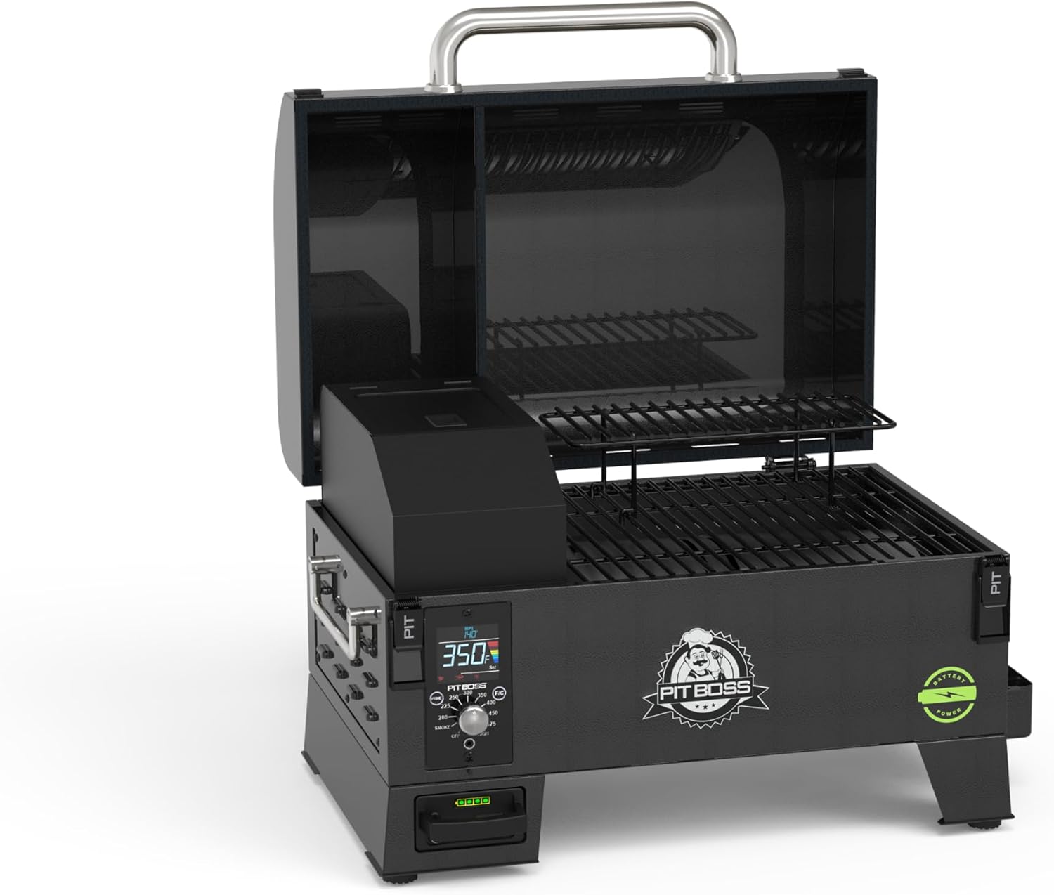Pit Boss 150 Battery Powered Wood Pellet Grill & Smoker with Flame Broiler 256-Sq. In. Cooking Space, 180°F to 500°F Temperature Range