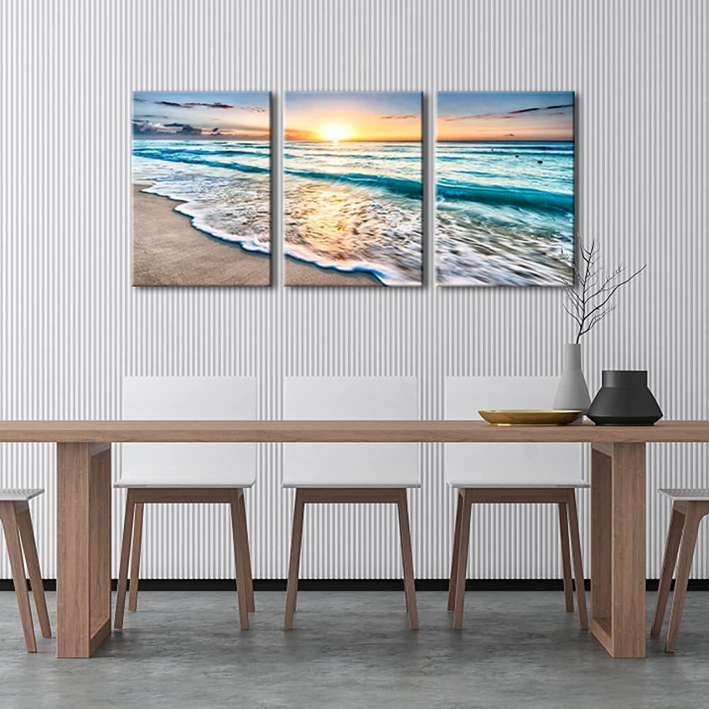 Wieco Art 3 Panel Blue Beach Canvas Wall Art for Home Decor Sunset White Wave Beach Pictures on Canvas Sea View Canvas Prints Artwork for Wall Decor