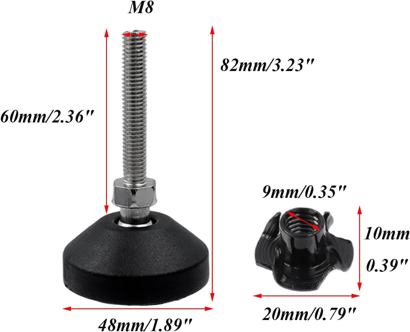Antrader 4Pcs M8 x 2 Inch Steel Adjustable Leveling Feet,2 Inch Nylon Base | Reinforced Articulated Foot Cups for Furniture & Equipment,Anti-slip Dotted Rubber Base,Reduce Vibration & Protect Floors