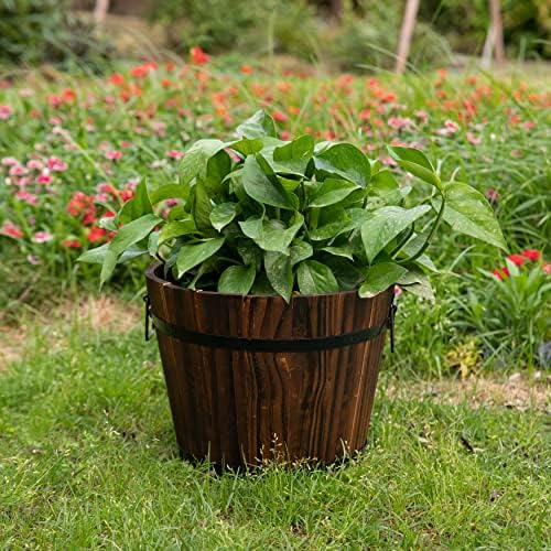Rustic Wooden Whiskey Barrel Planter with Durable Medal Handles and Drainage Hole - Perfect for Indoor and Outdoor Plants, Herbs, and Vegetables - Medium