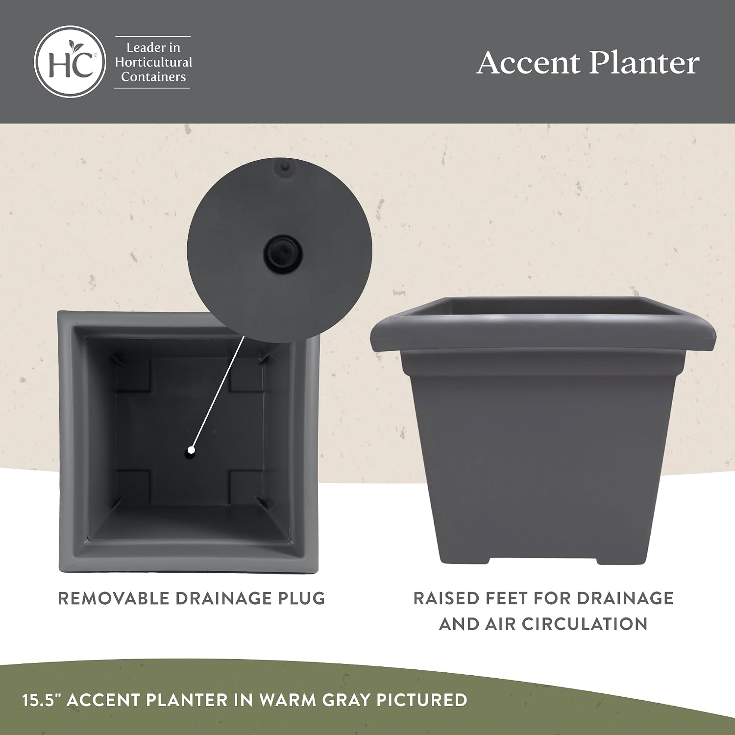 The HC Companies Accent Square Plant Pot w/Drainage - Classic Planters for Outdoor Plants & Indoor Plants - Lightweight & UV-Resistant Square Planter Box (15.5”, Sandstone, Pack of 1)
