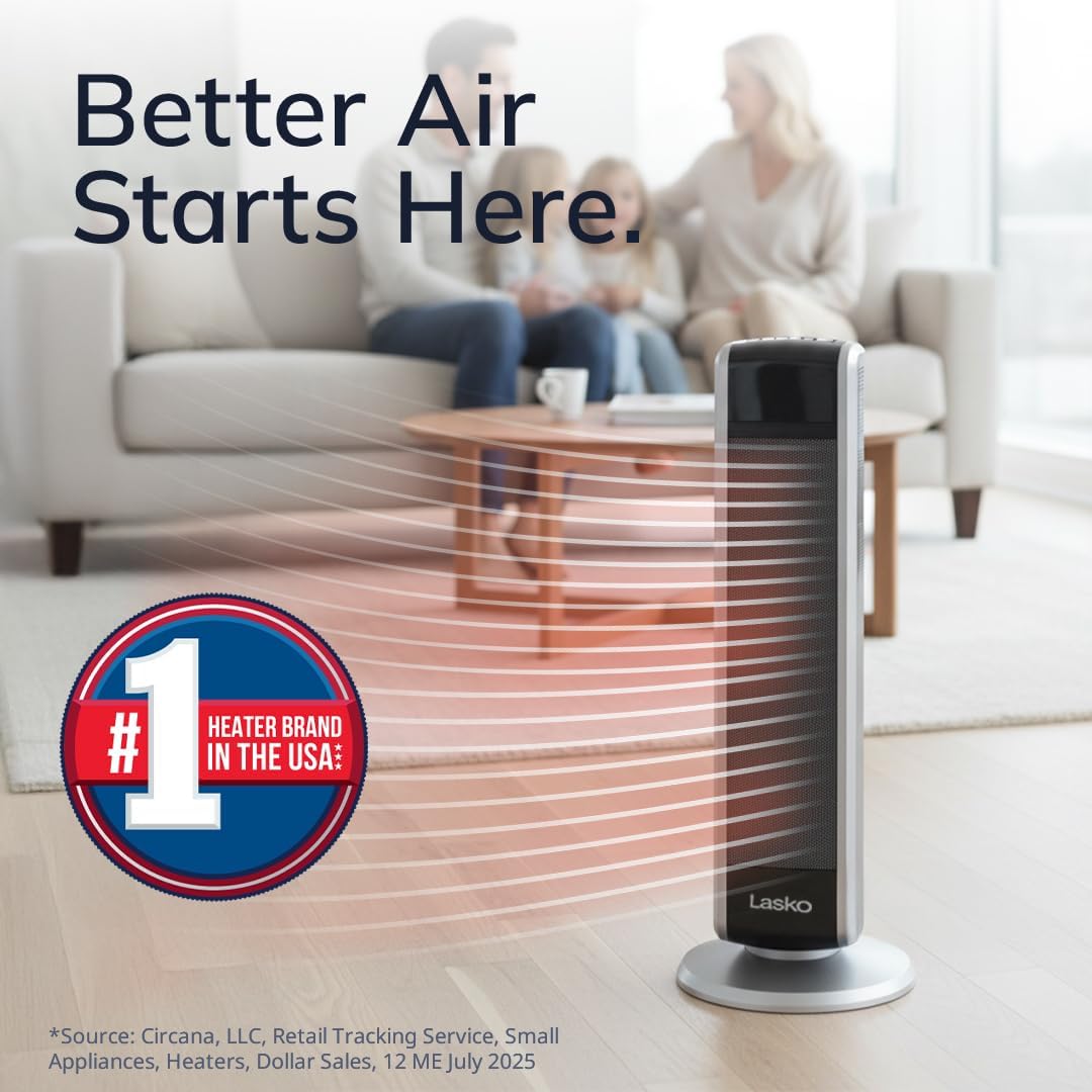 Lasko Oscillating Digital Ceramic Tower Space Heater - 29” - 5586 - Black | Built-In Handle, For Large Rooms, Cool Touch Housing, Overheat Protection Adjustable Thermostat, Timer, Remote, 1500W