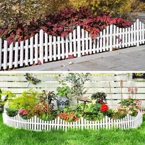 Sungmor Lightweight & Flexible Plastic White Edging Garden Picket Fence, Pack of 4 (One Piece L:24in, W:0.3in, H:13in) Above Ground Height 9.5in