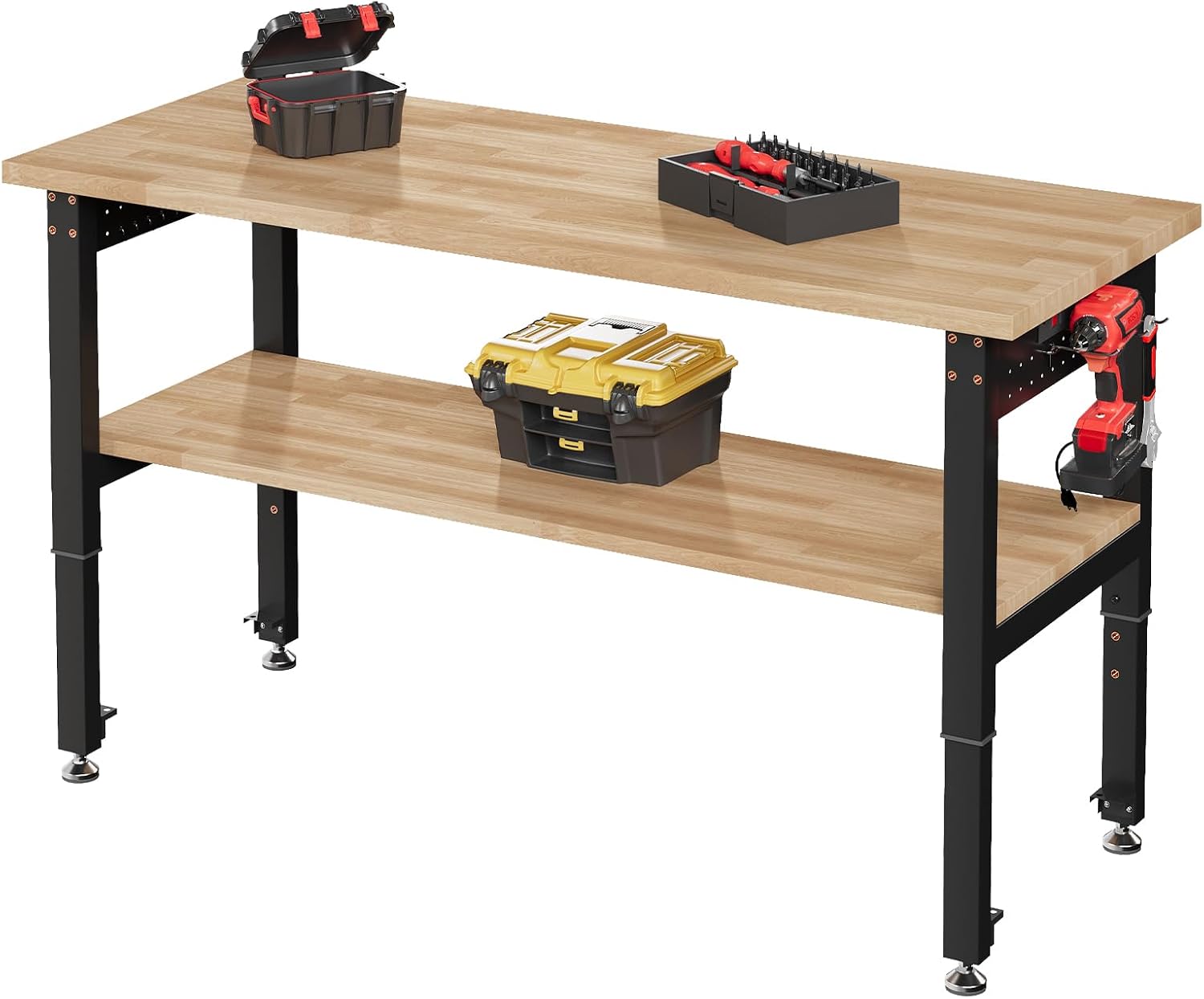 SPECRAFT Adjustable Black Heavy-Duty Workbench | 2000 Lbs Capacity, Rubber Wood Top, 4 AC Outlets and 2 USB Ports, for Garage, Workshop and Office
