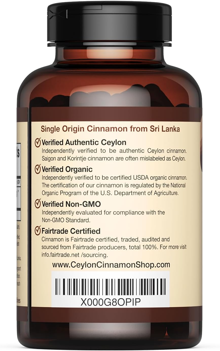 Organic Ceylon Cinnamon Capsules, USDA Certified Supplement - 90 Count | Premium Grade, True Sri Lankan Variety, Cinnamomum Verum, All-Natural, Non-GMO, Gluten Free, Made in the USA (GMP)