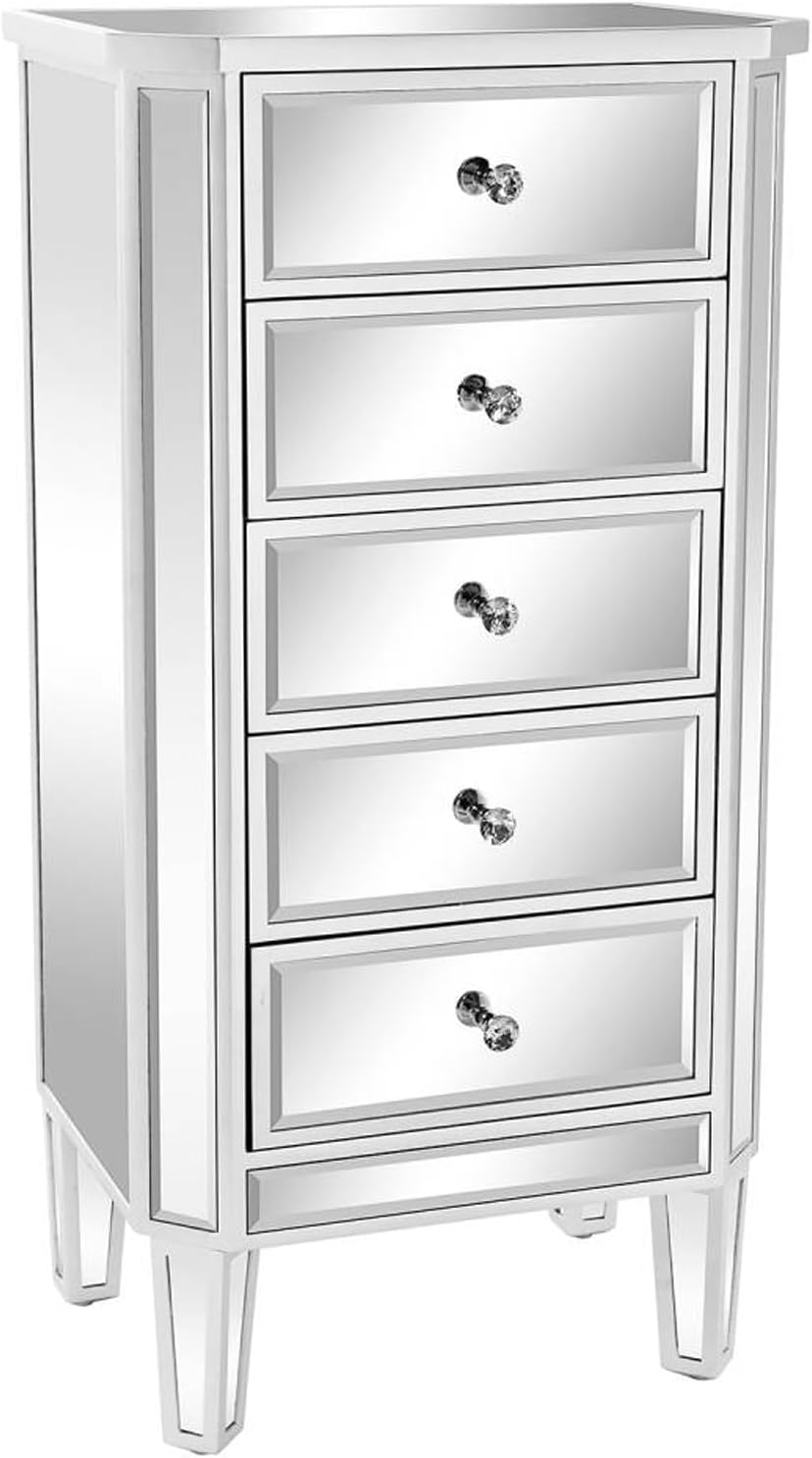 VINGLI Mirrored Dresser 5 Drawers Modern Chest, Mirrored Chest of Drawers, Glass Dresser for Living Room, Silver