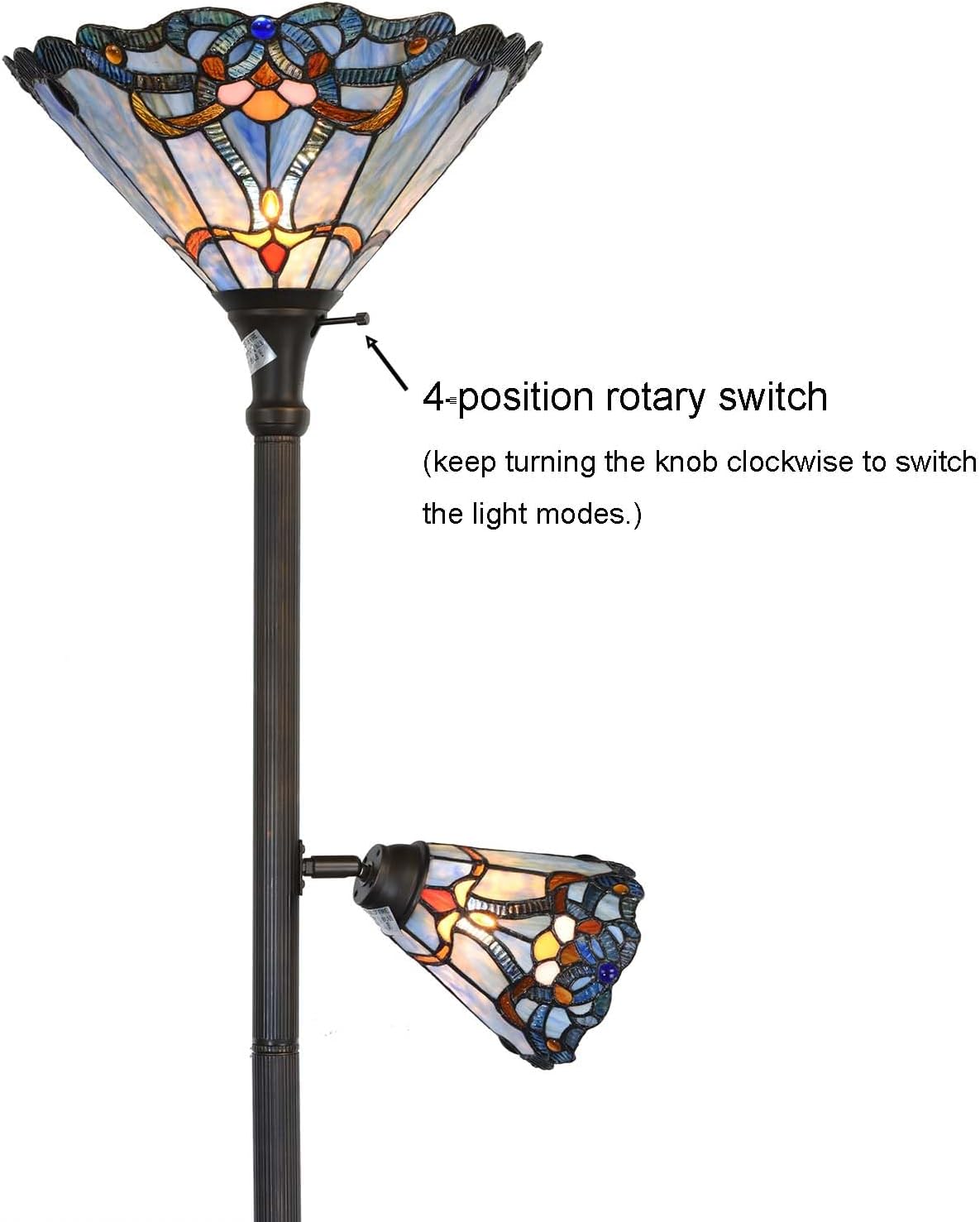 Bieye L10686 Baroque Tiffany Style Stained Glass Torchiere Floor Lamp with Sidelight for Reading Home Decor, 71-inch Tall
