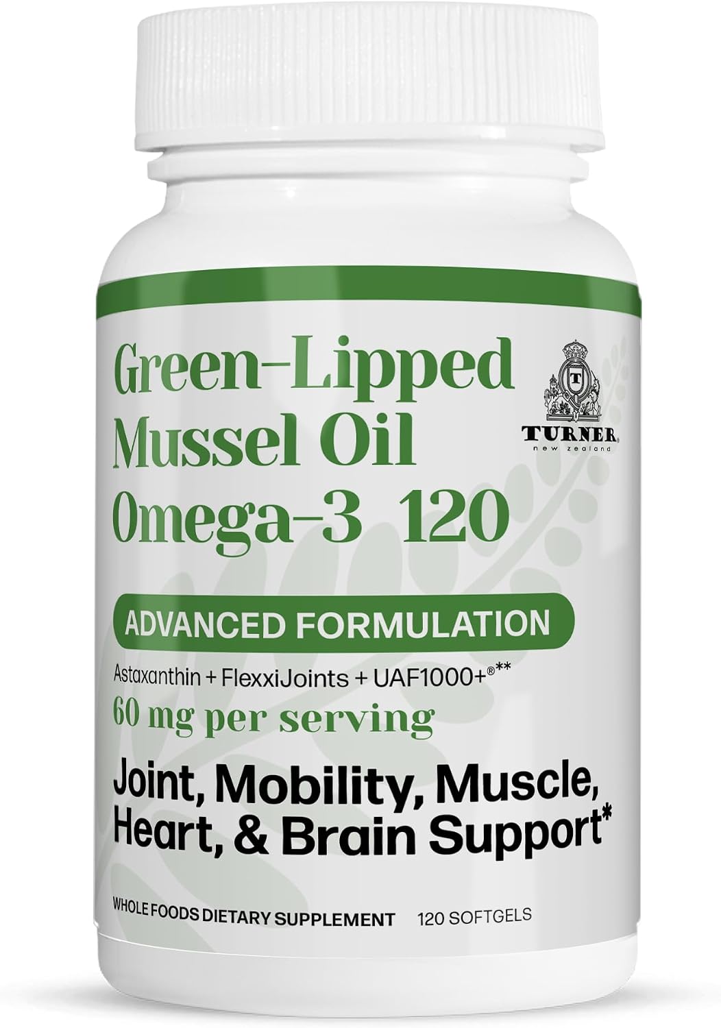 TURNER Omega-3 New Zealand Green Lipped Mussel Oil, 53x Higher Potency with UAF1000+ Super Antioxidant for Superior Joint Comfort & Mobility