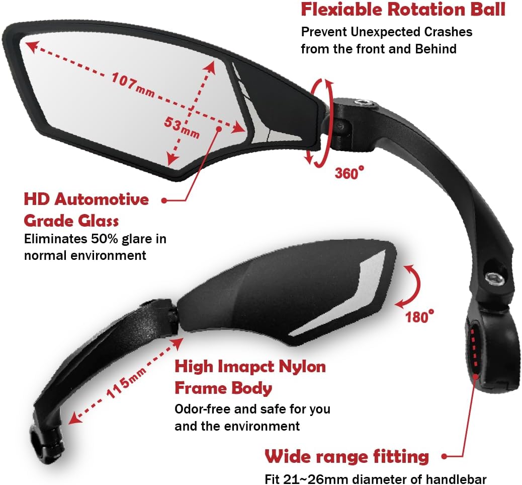 Hafny Handlebar Bike Mirror – HD Glass, Wide Angle, Adjustable 360° Rear View – Shatterproof, Anti-Glare, Premium, MTB, E-Bike, and Commuter Cycling Safety, HF-MR095 (Silver Left)