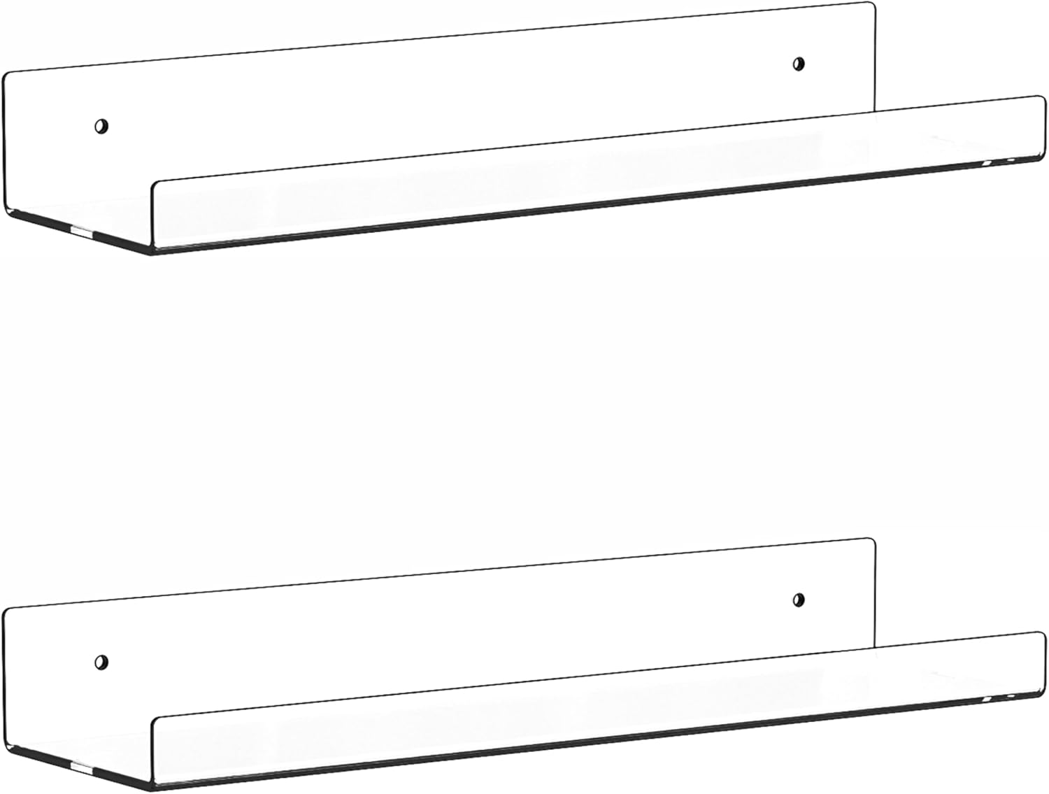 2 Pack Clear Acrylic Shelves for Wall with Adhesive, 15 Inch No Drill Floating Shelves for Bathroom, Bedroom, Renter Friendly, Kids Room Bookshelf