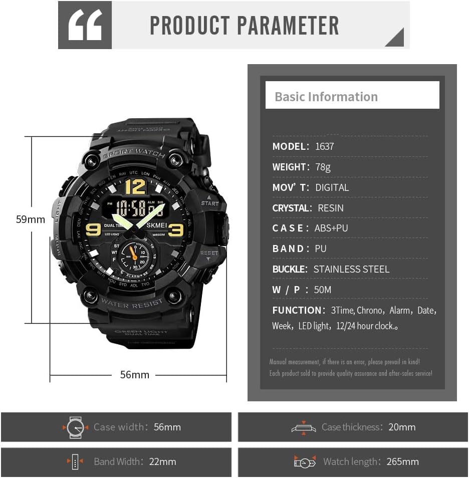 FANMIS Men's Analog Digital Sport Watch Military Dual Display 50M LED Watch | Men's Dual Display Sports Watches With Led Backlight Alarm Stopwatch 12/24h Time Outdoor Running Swimming