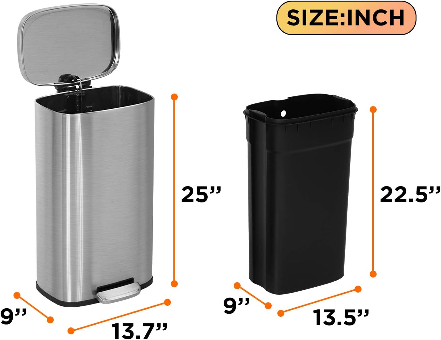 FDW | 13 Gallon Trash Can with Lid | Steel | Fingerprint-Proof | Made of Brushed Stainless Steel | Soft-Close Step Pedal | Hands-Free Use | Easy to Clean | for Kitchen, Office, Bathroom