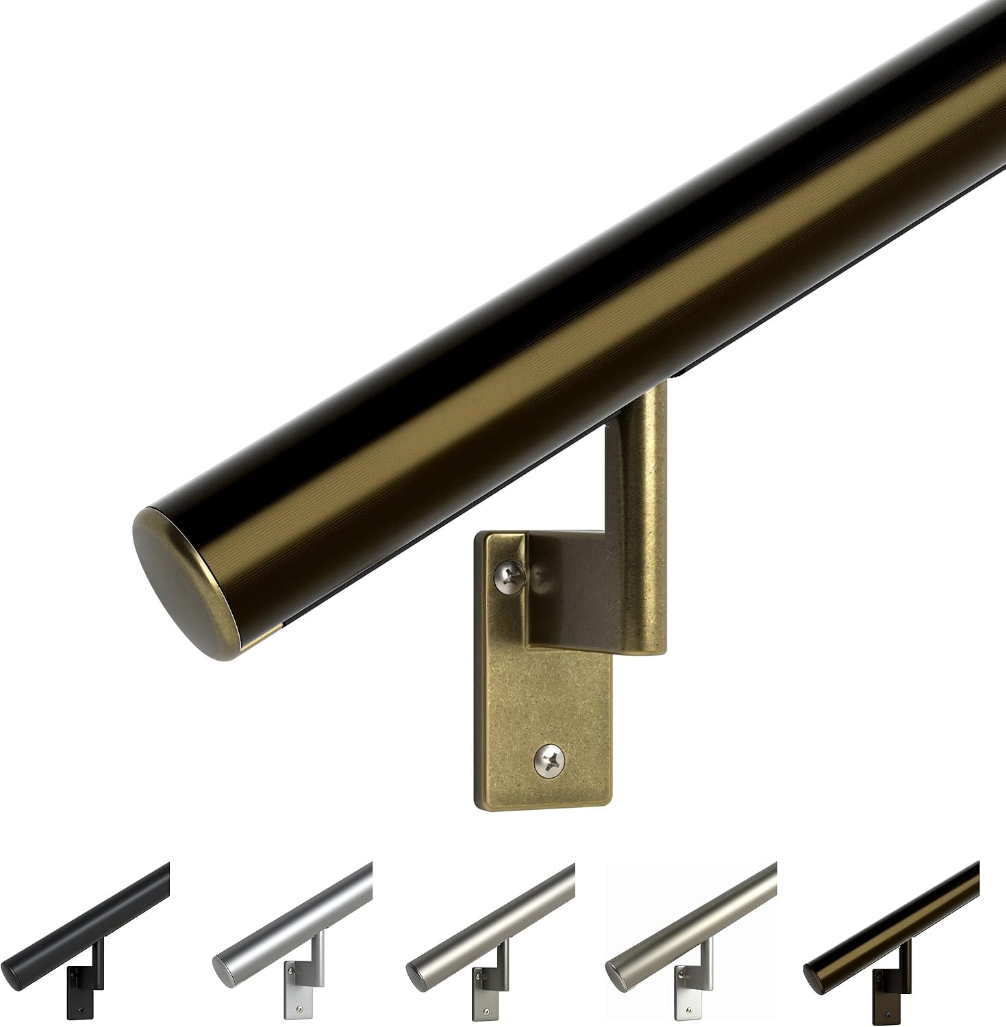 Promenaid Silver 3ft Flush Handrail Kit - Complete Indoor/Outdoor Stair Handrail - Modern 1.6" Round Satin-Anodized Aluminum Railing with 2 Silver