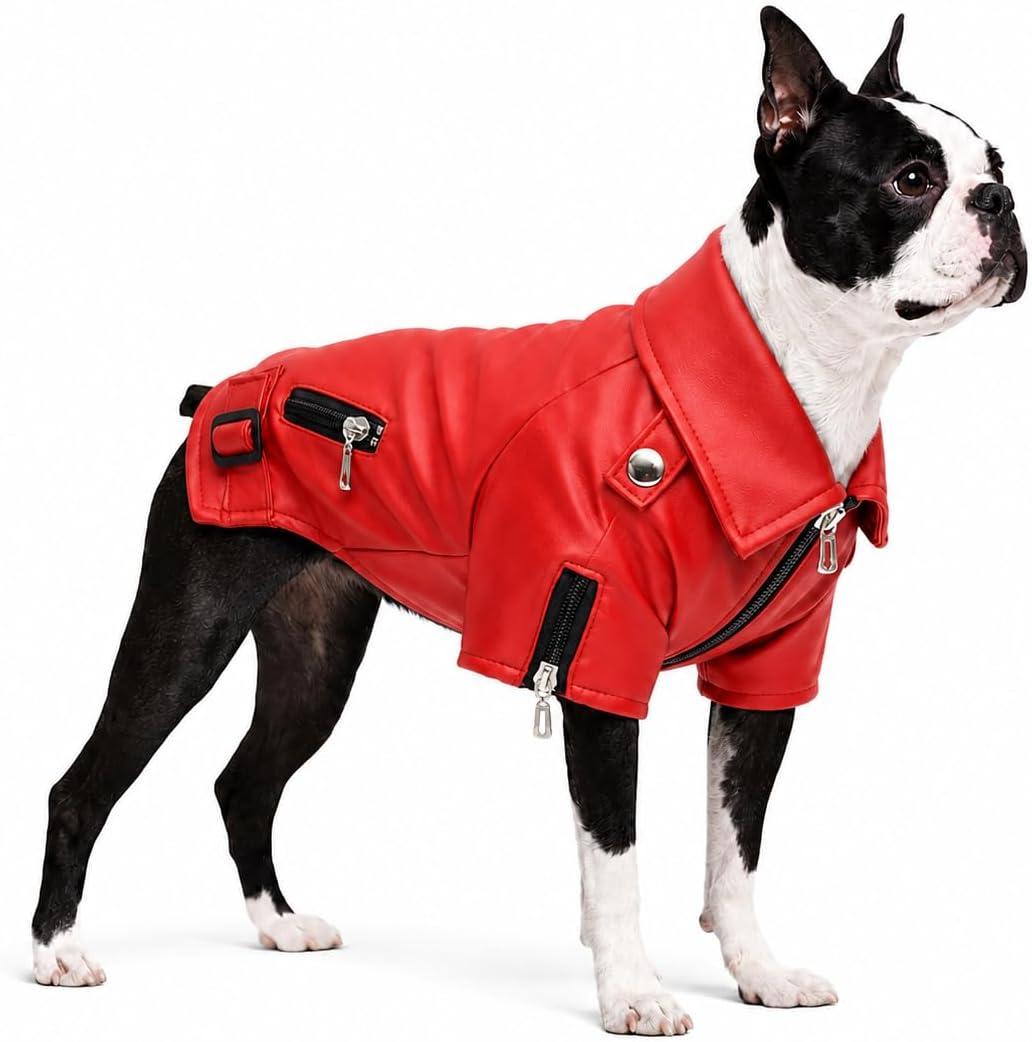 Lovelonglong Cool Dog Leather Jacket, Warm Coats Dogs Windproof Cold Weather Coats for Large Medium Small Dogs with Eagle Embroidery Black XS
