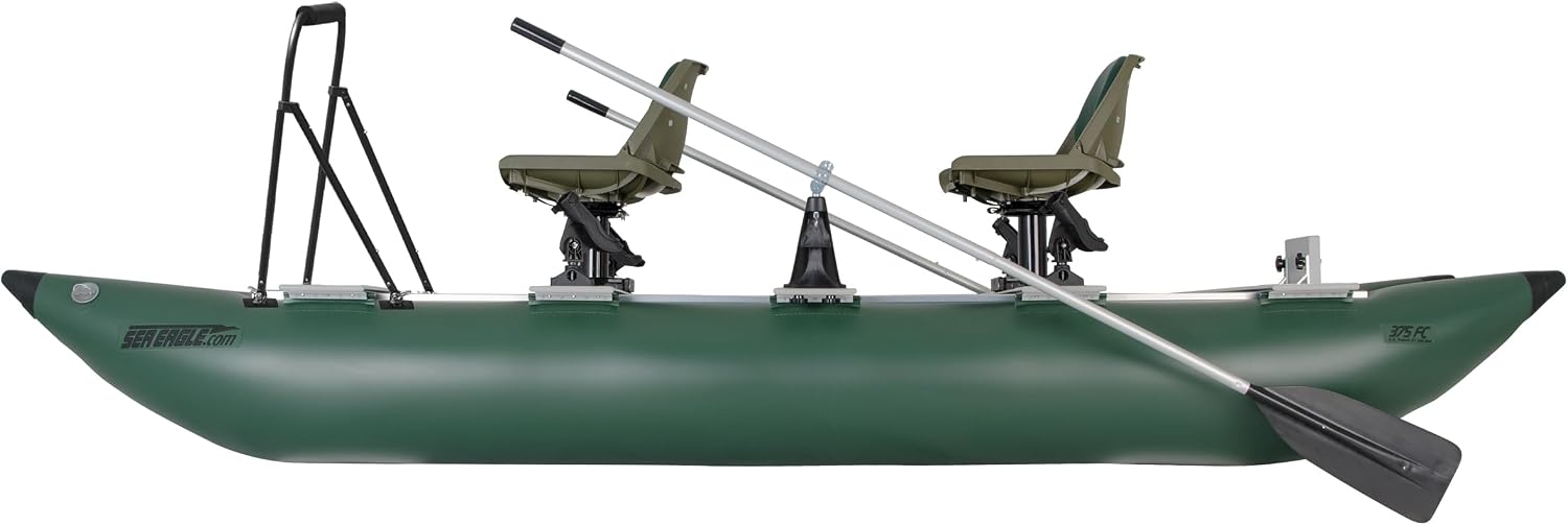 Sea Eagle 375fc FoldCat 1-2-Persons Inflatable Fishing Pontoon Boat, Lightweight & Portable, w/2 Green Swivel Seats, Pedestal, Oar Set, Scotty Rod Holders, Boat Bag, & Pump