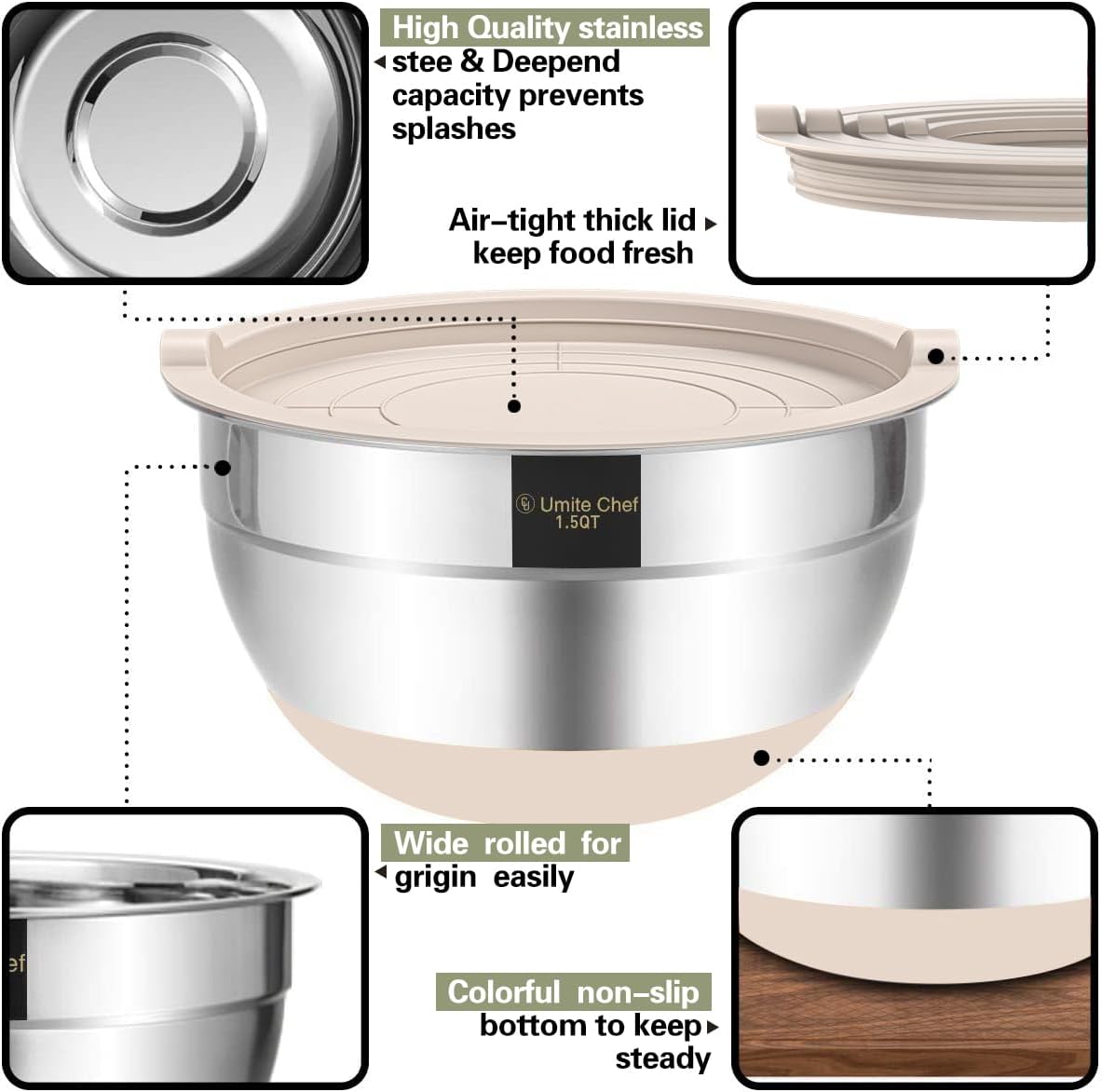 Umite Chef Mixing Bowls with Airtight Lids, 6 Piece Stainless Steel Metal Bowls, Measurement Marks & Colorful Non-Slip Bottoms Size 7, 3.5, 2.5, 2.0,1.5, 1QT, Great for Mixing & Serving