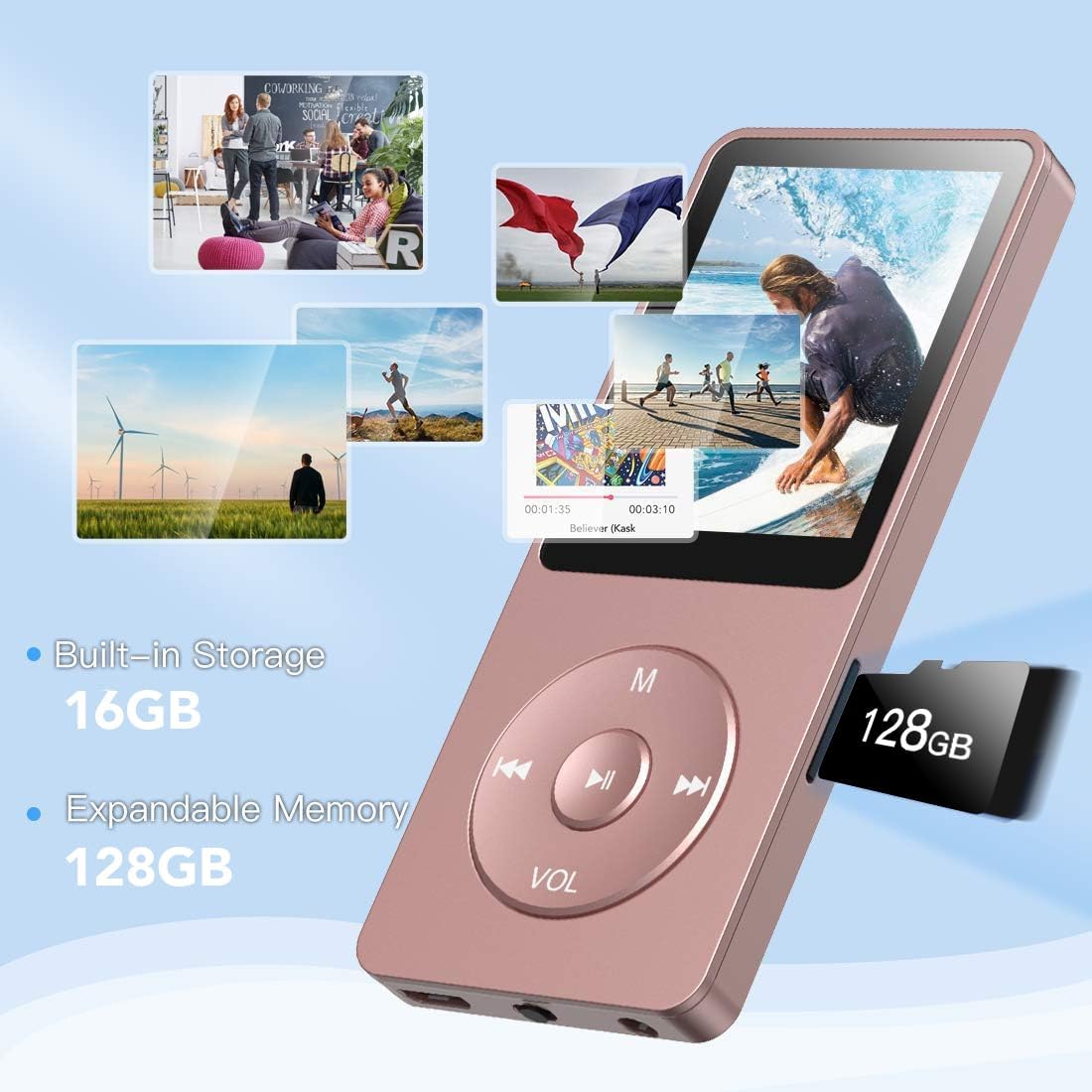 AGPTEK A02S 16GB MP3 Player, 65 Hours Playback Music Player, Dark Blue | Lossless Sound, Supports up to 128GB