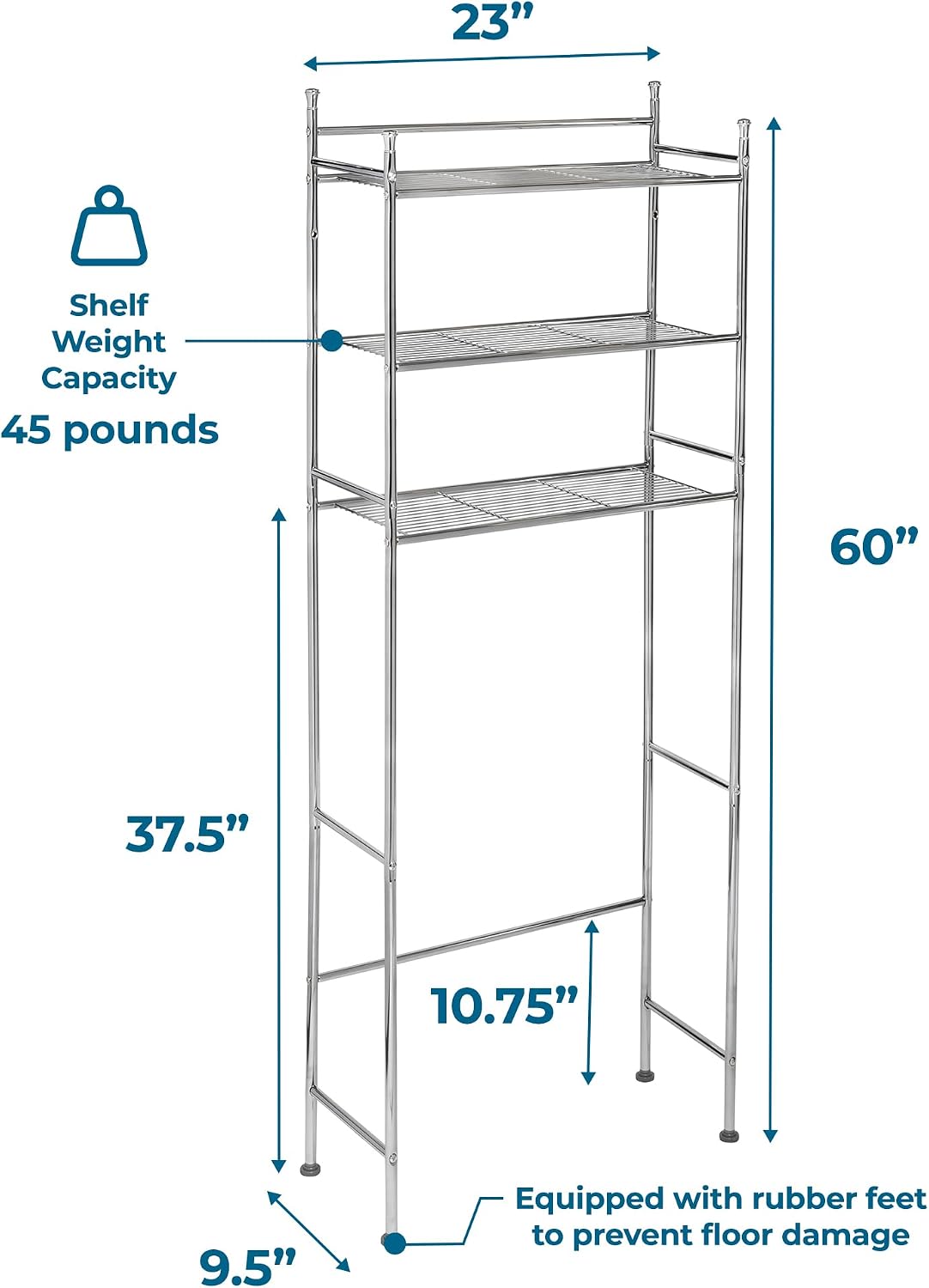 Honey-Can-Do 3-Tier Metal Bathroom Shelf Space Saver, Over The Toilet Storage Rack Organizer, Adjustable Chrome Wire Shelving Unit for Towels & Toiletries, 9.5 x 23 x 60 in