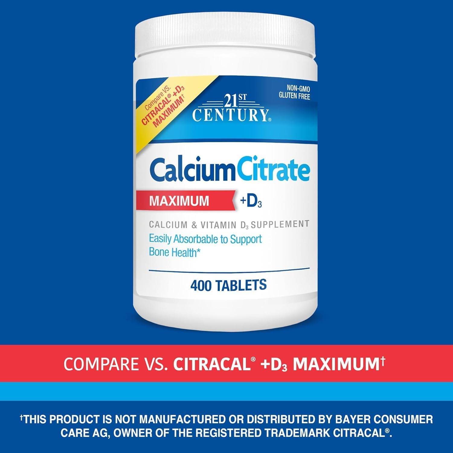 21st Century Calcium Citrate Plus D3 Maximum - 630 mg Calcium, Bone Health Support, Easily Absorbable, Gluten Free, Non-GMO, Compare to Citracal +D3, 400 Tablets