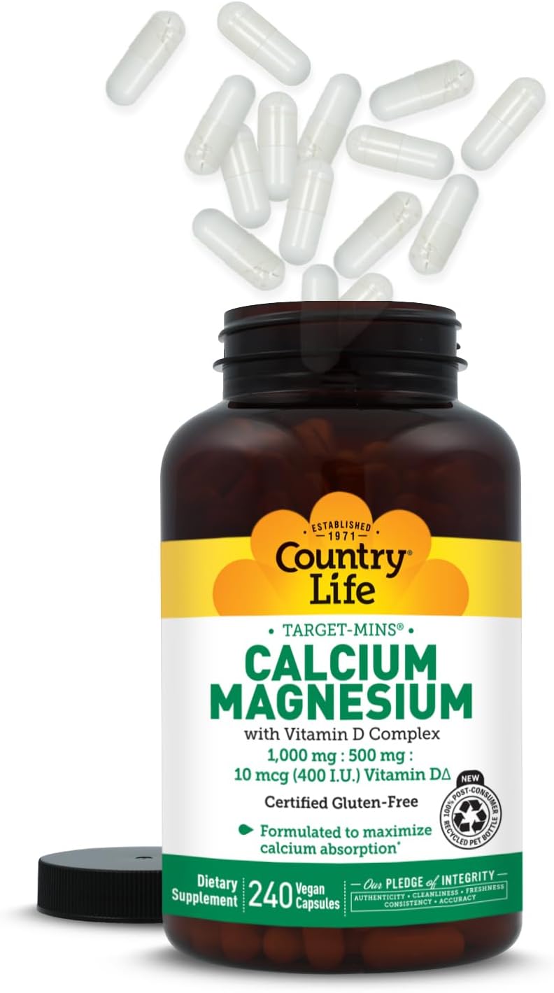 Country Life Target-Mins Calcium Magnesium with Vitamin D, 240 Capsules | 1,000 mg calcium, 500 mg magnesium and 10 mcg vitamin D per serving for bone health and calcium absorption