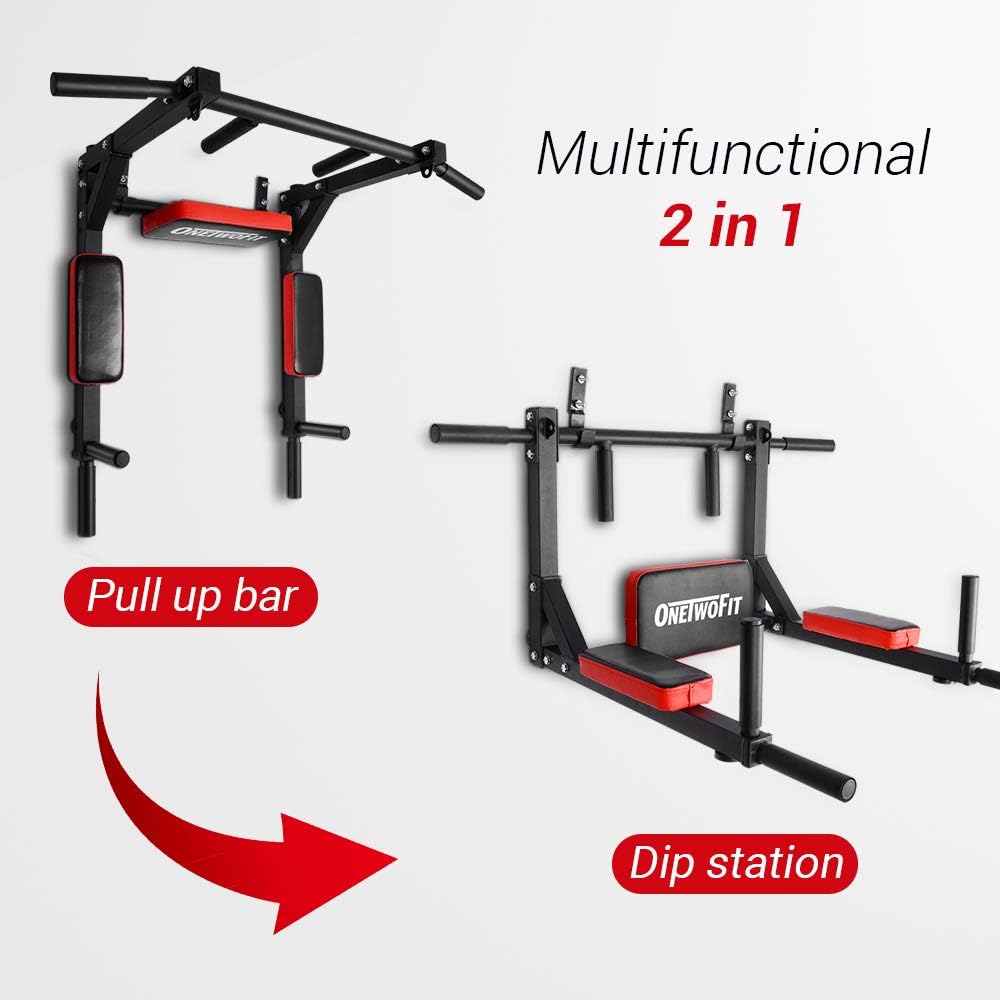OneTwoFit Multifunctional Wall Mounted Pull Up Bar Chin Up bar Dip Station for Indoor Home Gym Workout