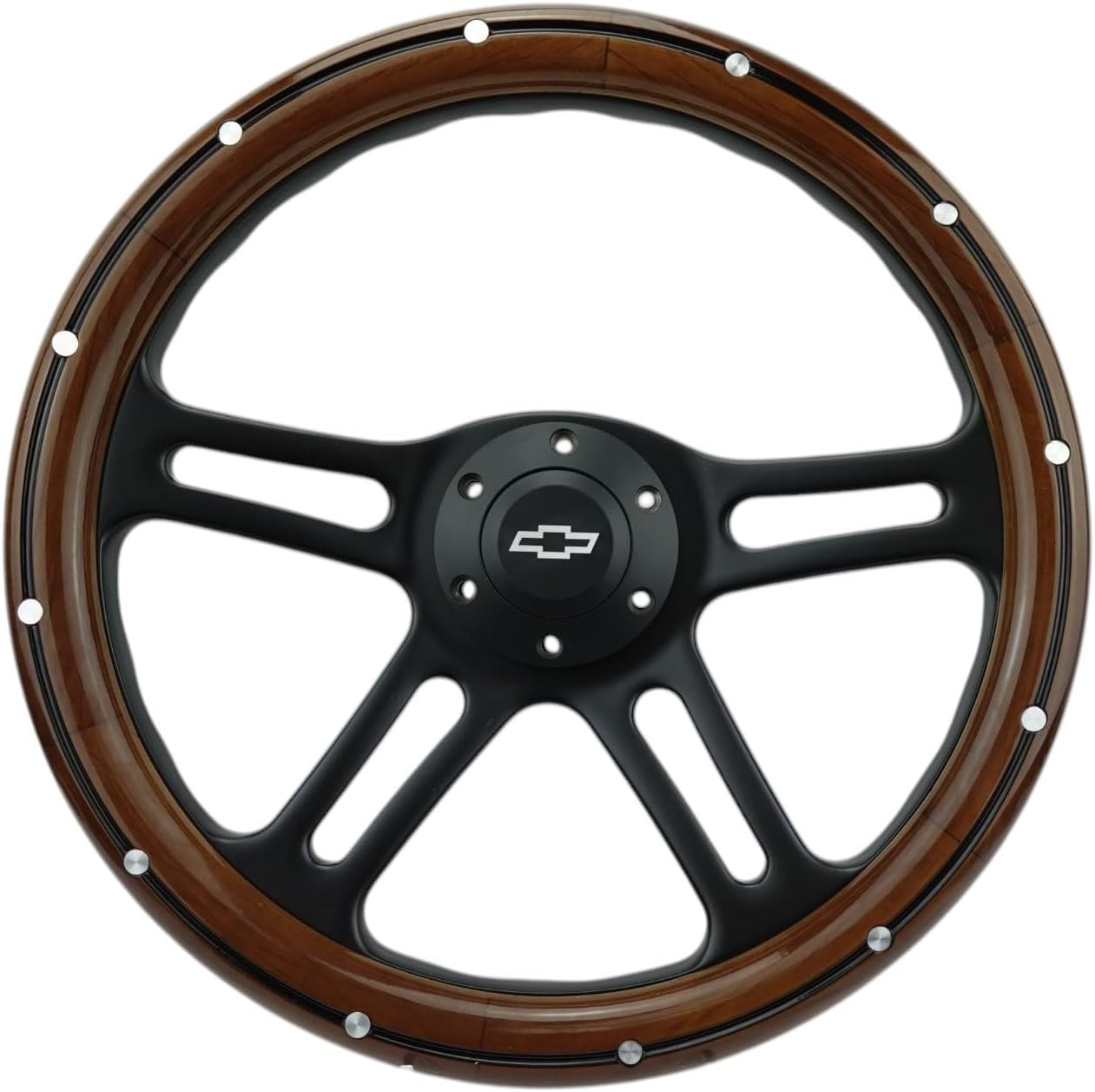 14" Billet Black Aluminum Steering Wheel w/Real Mahogany Wood Rivet Half wrap & Chevy Engraved Horn