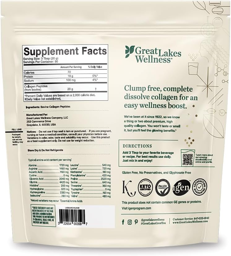 Great Lakes Wellness Collagen Peptides Powder – Supports Skin, Hair, Nails, Joints & Digestion – Hydrolyzed, Non-GMO, Keto & Kosher – Pure Collagen Protein (16 oz, 22 Servings) Packaging may vary
