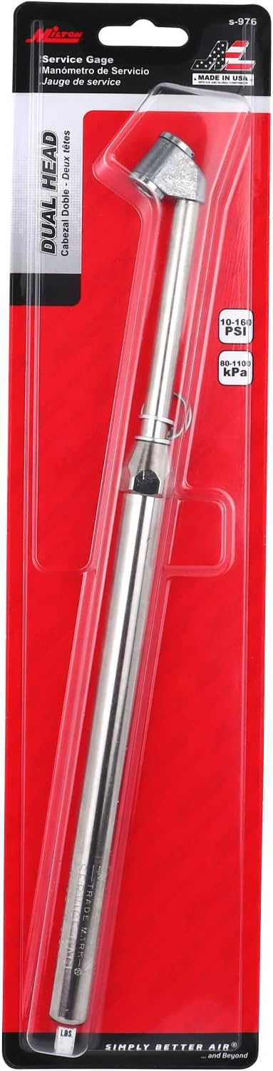 Milton S-976W Dual Head Tire Pressure Service Gauge, 10-160 PSI, 2 PSI Increments, Dually Tire Gauge with Plated Brass Tube