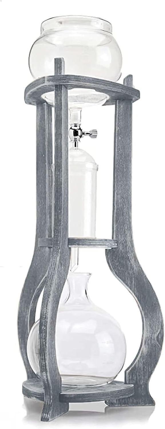 Nispira Iced Coffee Cold Brew Drip Tower Coffee Maker, 6–8 Cup Manual Cold Brew Brewer with Adjustable Valve, Wooden Frame & Glassware, Slow Cold Extraction System