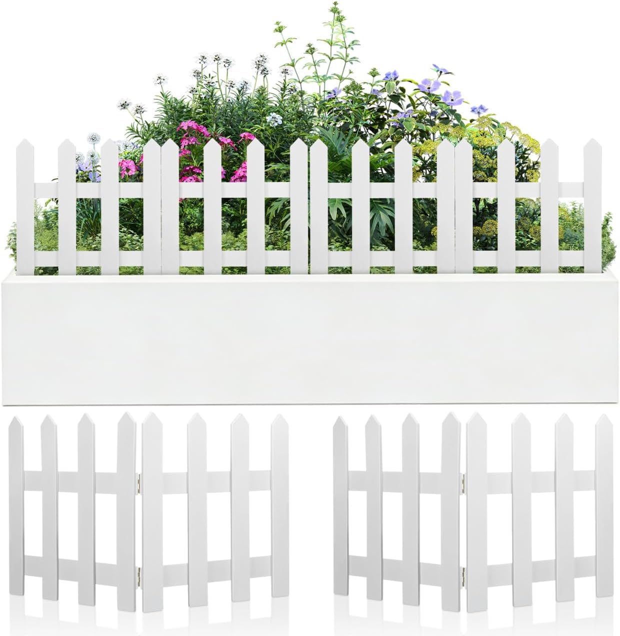 DOITOOL White Picket Fence Garden Border, Wood Decorative Garden Fence Animal Barrier Landscape Fencing Border for Dogs, Flower Bed