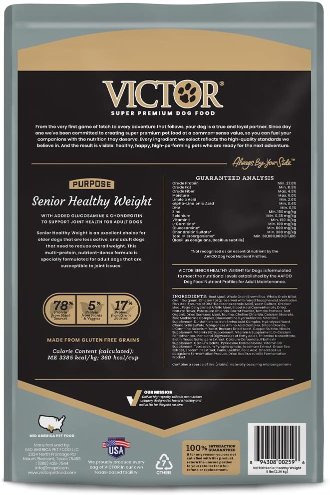 VICTOR Purpose - Senior Healthy Weight Management Dry Dog Food, 15 lb | Super Premium Dog Food, Gluten Free with Glucosamine and Chondroitin, For Hip and Joint Health, Dry Kibble For Adult Dogs