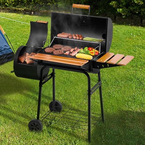 Royal Gourmet CC1624W Barrel Charcoal Grill with Offset Smoker, 552 Sq. In. | Wooden Front and Side Shelf with Hooks, Mesh Bottom Shelf