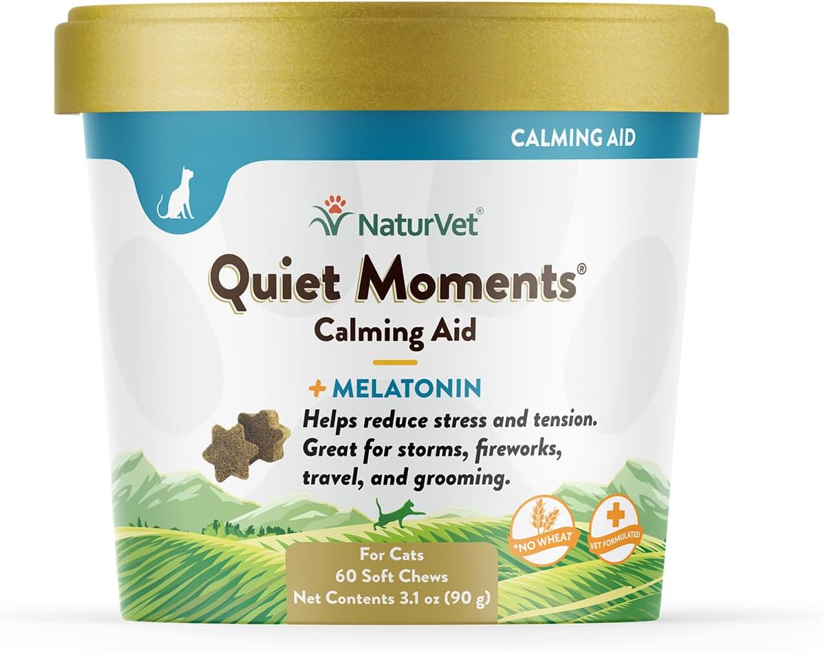 NaturVet Quiet Moments Calming Plus Melatonin Cat Supplement - 50 Count | Calming Aid for Cats - Reduce Stress, Pet Storm Anxiety, Motion Sickness - Great for Grooming, Separation and Travel