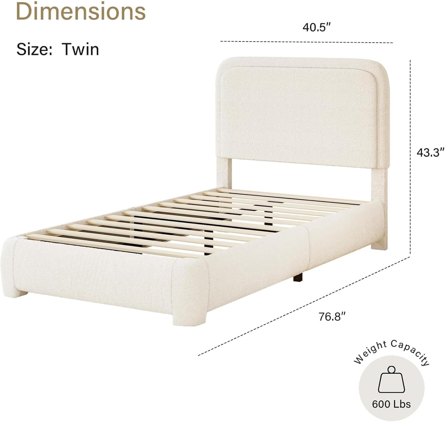 BarnFurin Full Bed Frame, Cloud Boucle Headboard, Rounded Corners, White | Soft boucle and rounded edges create a low-profile cloud look. Wooden slats support the mattress without a box spring