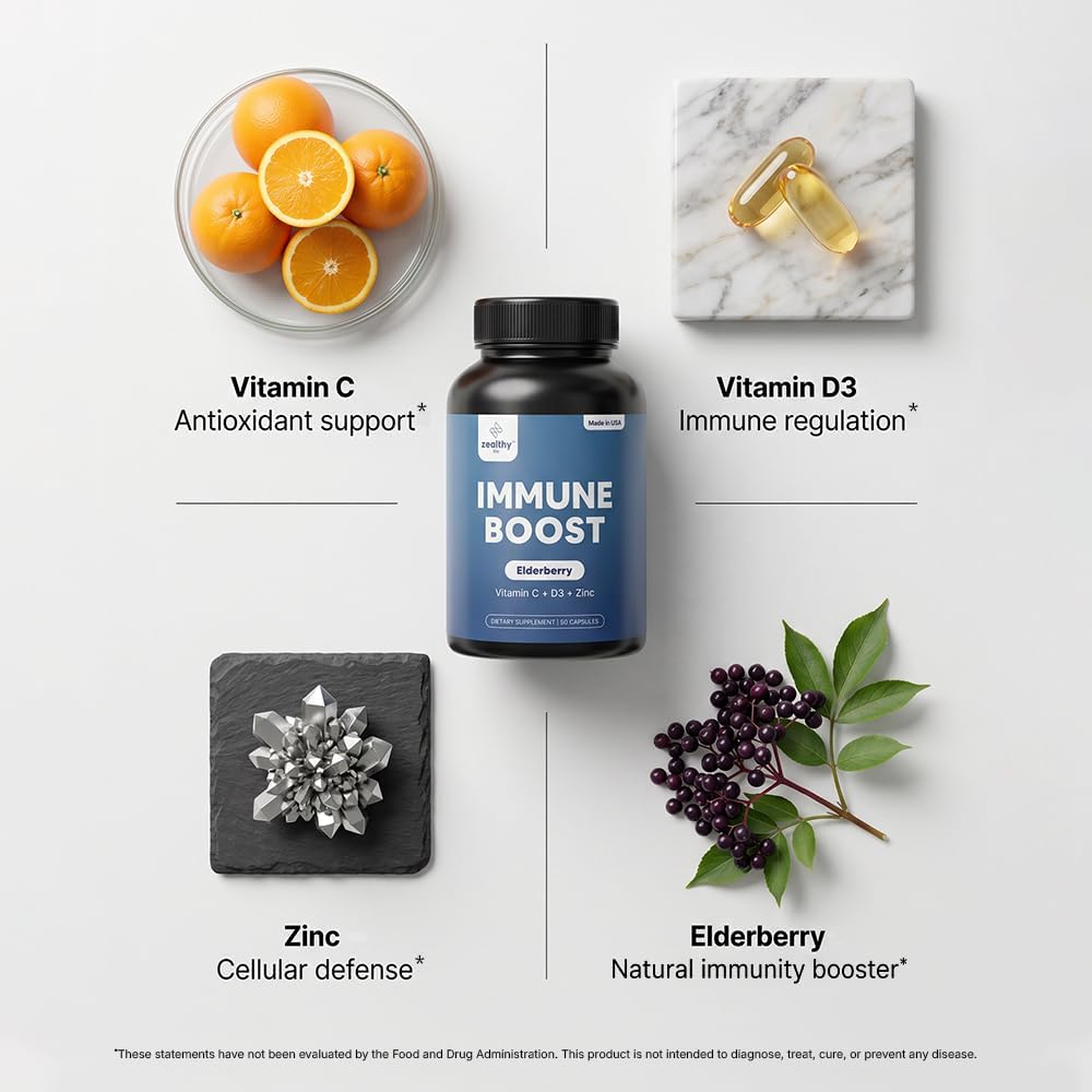 Immune Support Capsules for Adults with Elderberry, Vitamin C, Vitamin D3 & Zinc – Daily Immune Defense Supplement | Zealthy Life | 60 Capsules