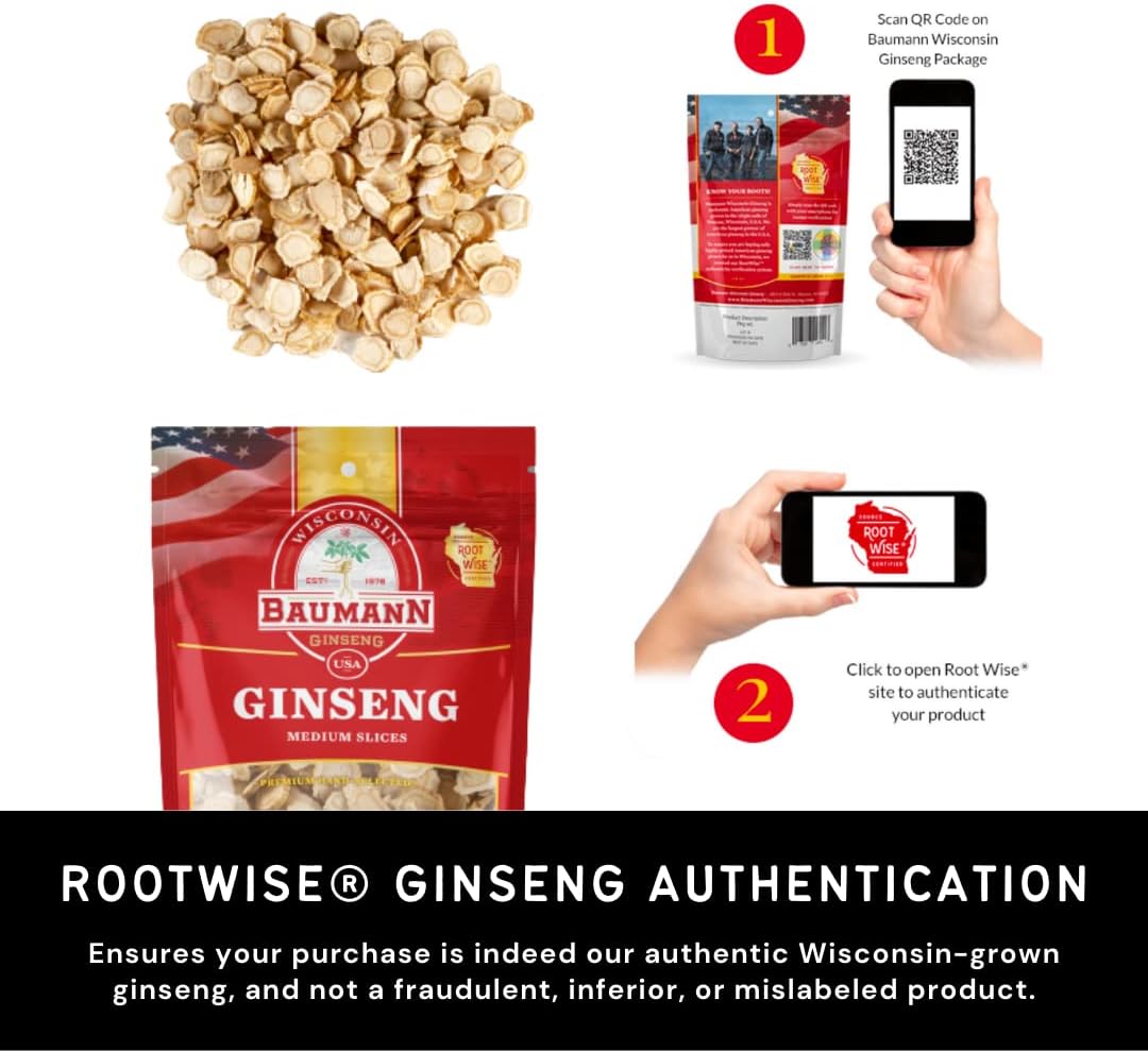 Baumann Wisconsin Ginseng - Medium Slices 4 oz - 100% Natural Panax Ginseng Herb, Pure Dried American Ginseng for Enhanced Focus & Energy
