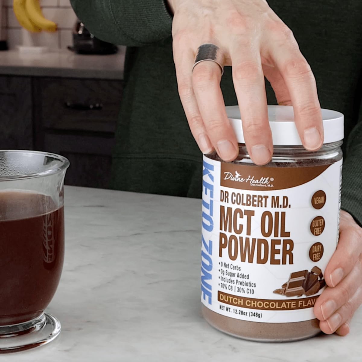 Dr. Colbert's MCT Oil Powder | Dutch Chocolate Flavor | by Divine Health | Keto Zone | 70% C8 | 30% C10 | 0 Net Carbs | Gluten Free | 30 Day Supply
