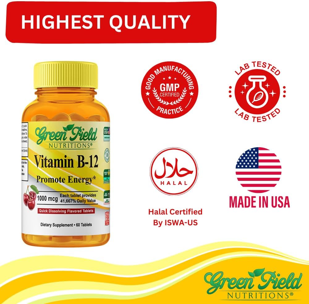 Greenfield Nutritions Halal Vitamin B12 1000mcg - Cherry Flavored Fast Absorption 60 Sublingual B12 Tablets - Natural B12 Halal Vitamins